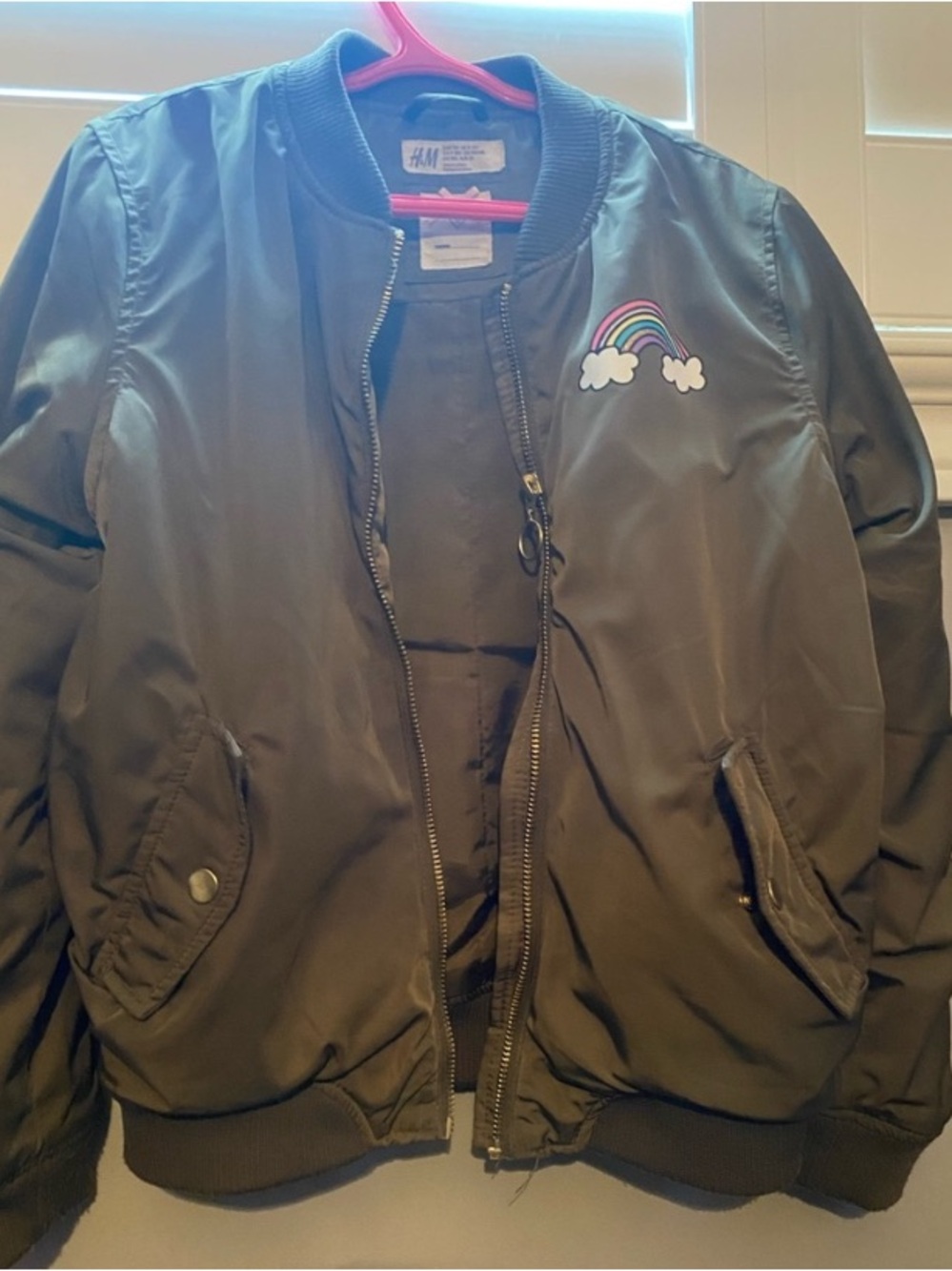 H&M Olive Green Bomber Jacket with Rainbow Patch